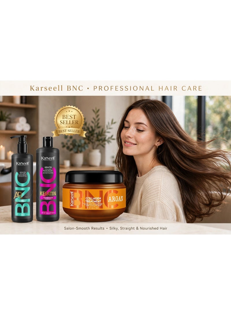 Karseell BNC Keratin Straightening + Argan Detangle Conditioner + Collagen Hair Treatment – Complete Hair Care Set Transform your hair care routine with this nourishing Karseell BNC trio. Keratin helps create a smooth appearance, Argan conditioner helps detangle and soften, while Collagen treatment provides intensive conditioning for beautifully cared-for hair. - Image 1