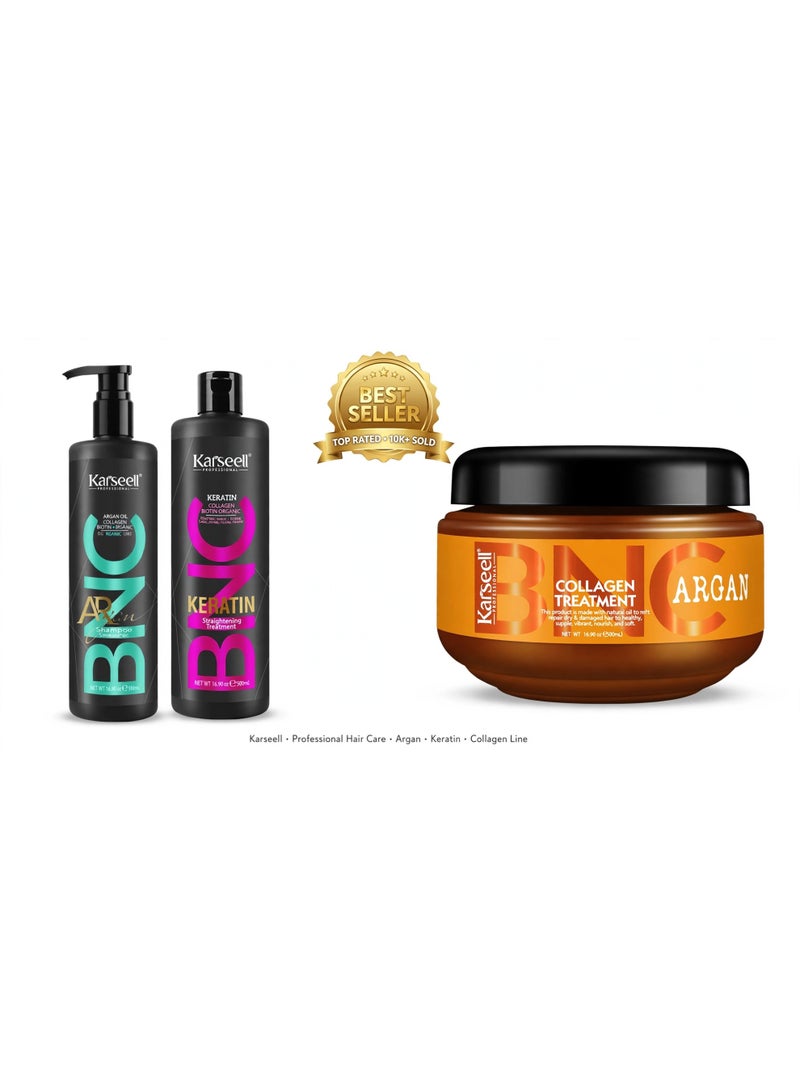 Karseell BNC Keratin Straightening + Argan Detangle Conditioner + Collagen Hair Treatment – Complete Hair Care Set Transform your hair care routine with this nourishing Karseell BNC trio. Keratin helps create a smooth appearance, Argan conditioner helps detangle and soften, while Collagen treatment provides intensive conditioning for beautifully cared-for hair. - Image 3