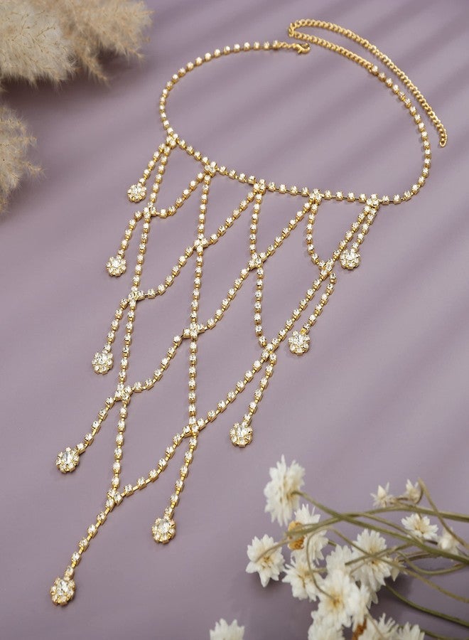 يرتير سلسلة كتف مرصعة بأحجار الراين الذهبية من YERTTER، قطعة واحدة، سلسلة جسم مزينة بشرابة كريستالية متعددة الطبقات، إكسسوارات جسم أنيقة للنساء والعرائس (ذهبي 2) - Image 4