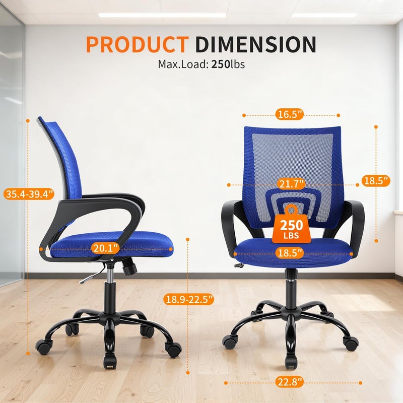 BestOffice Mesh Computer Back Support Modern Executive Adjustable Task Rolling Swivel Chair for Women, Men, Blue - Image 3