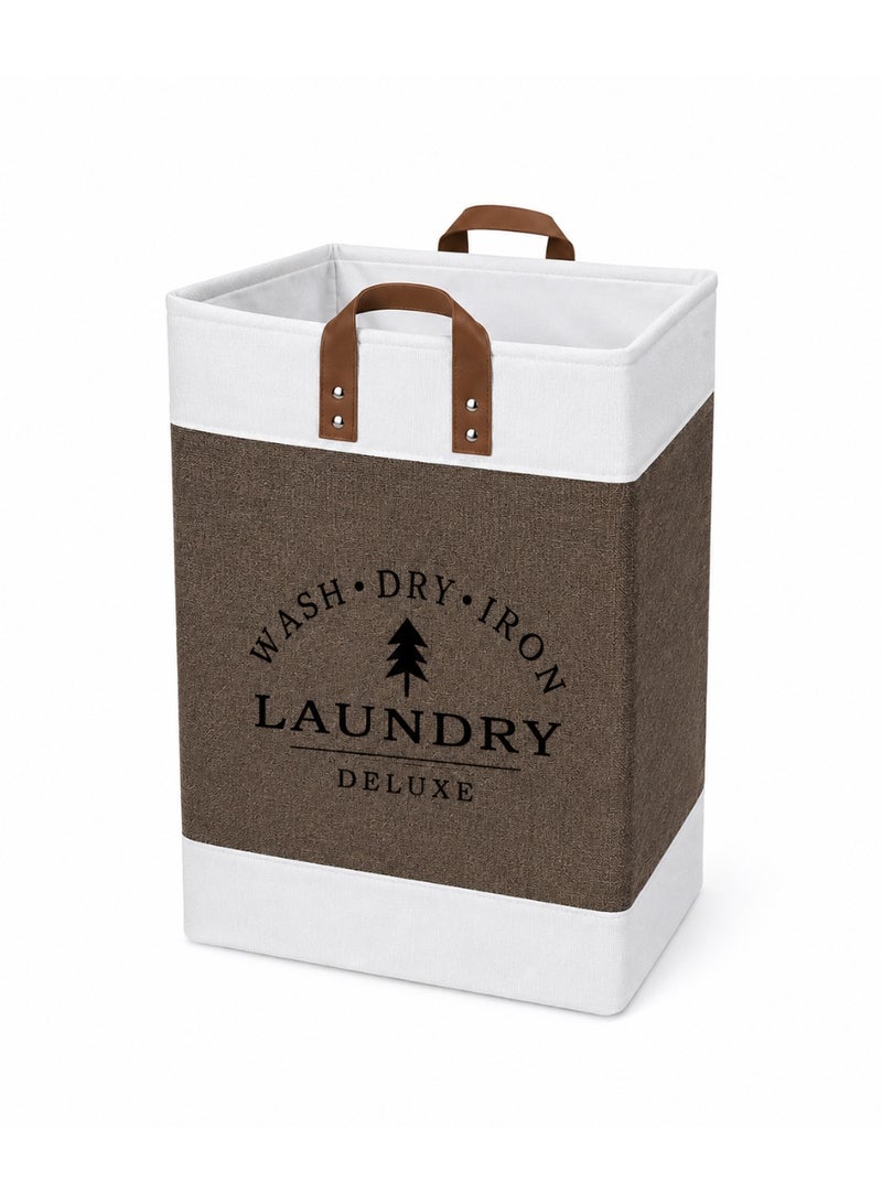 Foldable Laundry Storage Basket with PU Leather Handles, Large Fabric Clothes Hamper for Laundry & Home Organization – Brown & White - Image 3