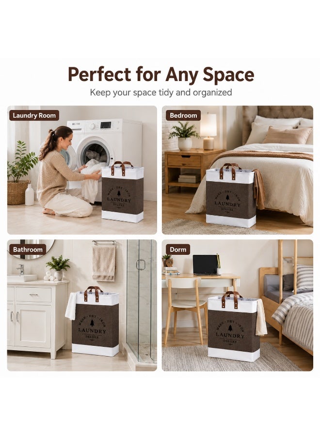 Foldable Laundry Storage Basket with PU Leather Handles, Large Fabric Clothes Hamper for Laundry & Home Organization – Brown & White - Image 4
