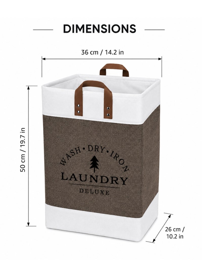Foldable Laundry Storage Basket with PU Leather Handles, Large Fabric Clothes Hamper for Laundry & Home Organization – Brown & White - Image 2