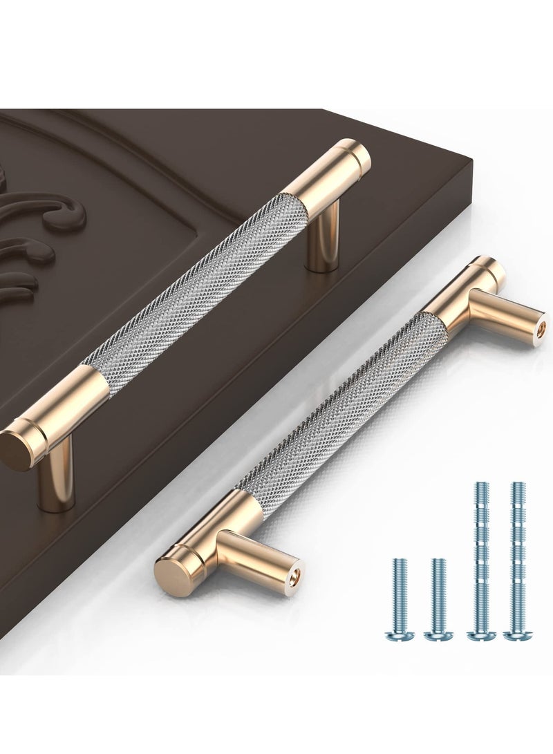 2 Pack Gold Aluminum Round Cabinet Handles with Diamond Pattern, 5" Hole Centers, Ideal for Kitchen and Bedroom Closets, Stylish Drawer Pulls for Modern Decor.  - Image 1
