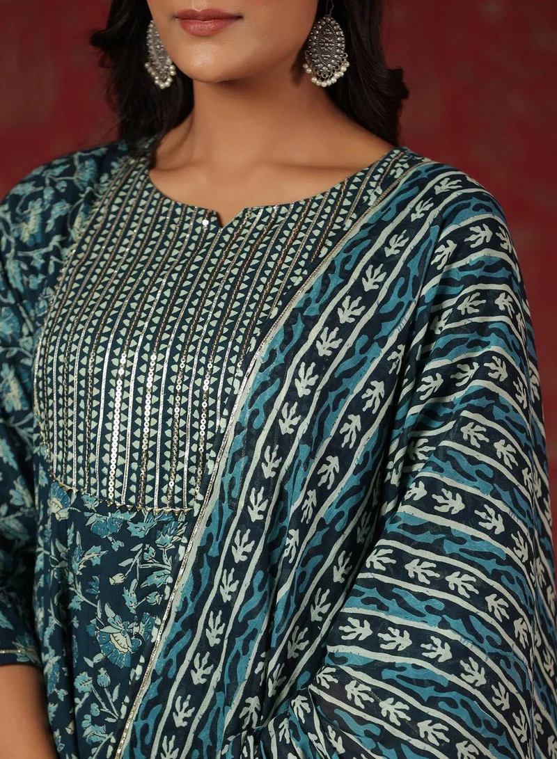 ISHIN Women's Ethnic Wear TEAL FLARED COTTON Kurta Set w Dupatta