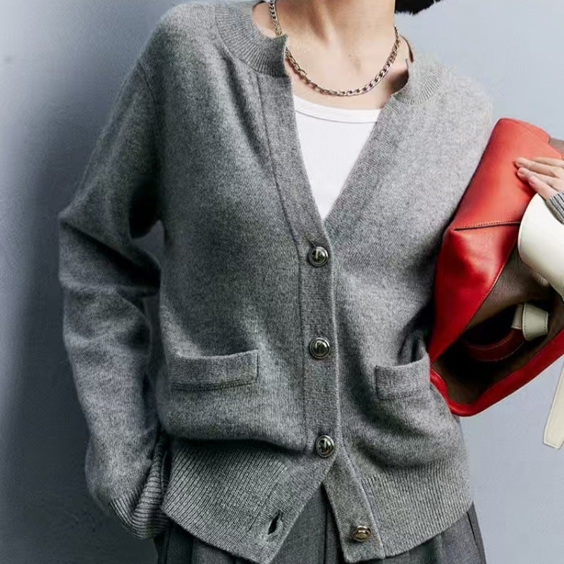 Fashionable All-match European Four-button Open Collar Wool Cardigan 100 Pure Wool Warm Comfortable Women Sweater Light gray  - Image 5
