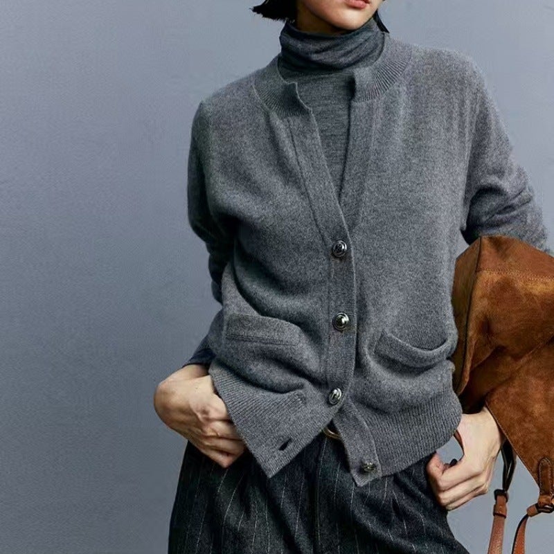Fashionable All-match European Four-button Open Collar Wool Cardigan 100 Pure Wool Warm Comfortable Women Sweater Light gray  - Image 4