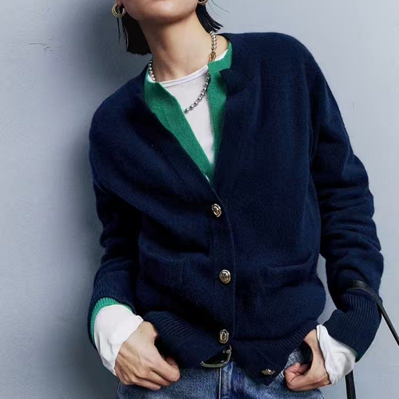 Fashionable All-match European Four-button Open Collar Wool Cardigan 100 Pure Wool Warm Comfortable Women Sweater Light gray  - Image 3