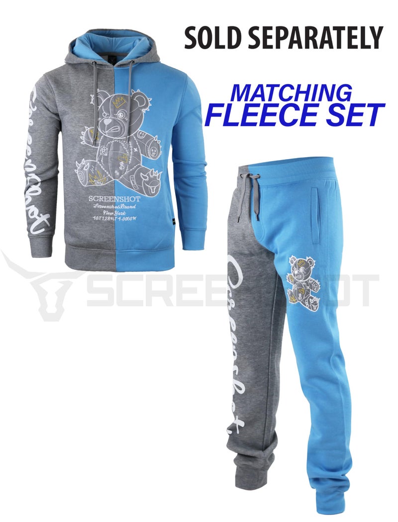 SCREENSHOT-H1113 Mens Urban Hip Hop Premium Fleece Hoodie - Shiny Black Bear Animation Cartoon Half Color Block Hooded Sweatshirt-Grey/S.Blue-Large - Image 5