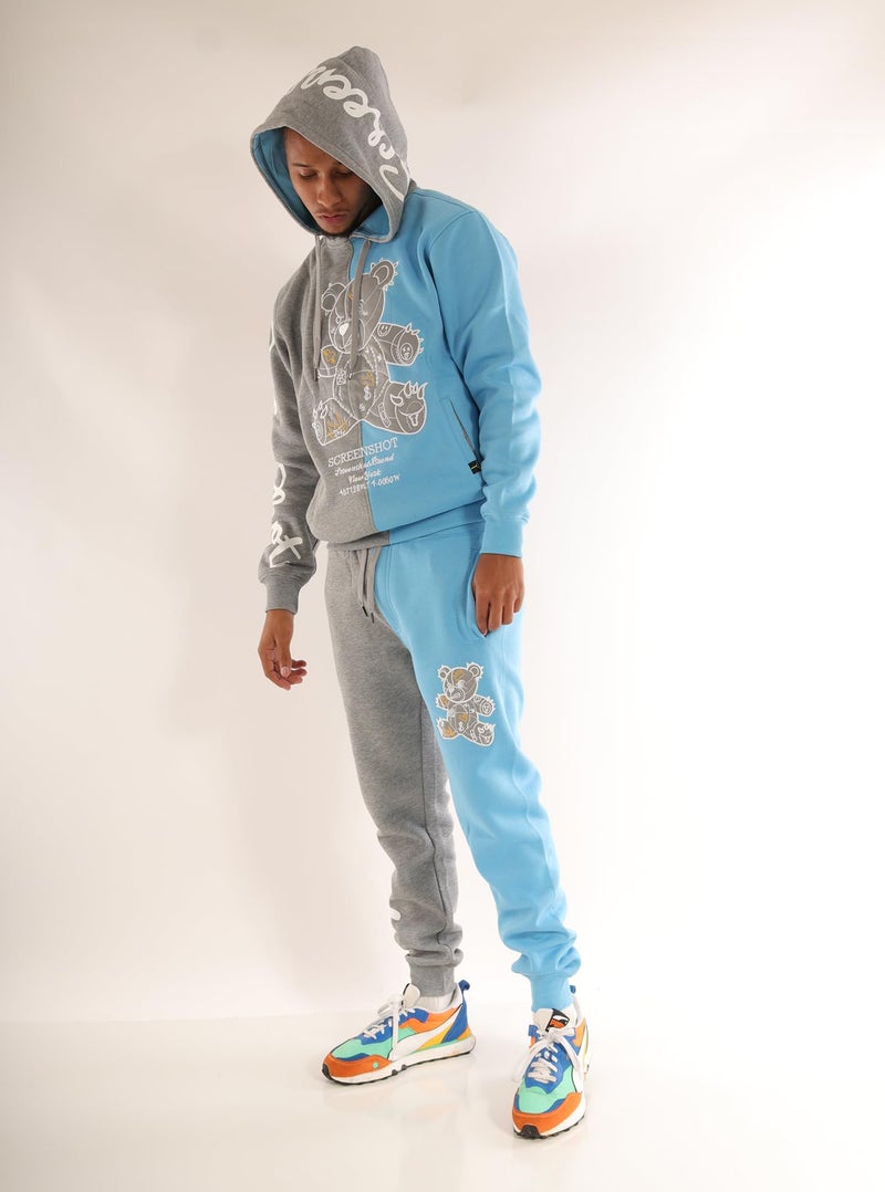 SCREENSHOT-H1113 Mens Urban Hip Hop Premium Fleece Hoodie - Shiny Black Bear Animation Cartoon Half Color Block Hooded Sweatshirt-Grey/S.Blue-Large - Image 2