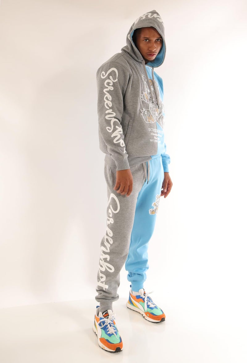 SCREENSHOT-H1113 Mens Urban Hip Hop Premium Fleece Hoodie - Shiny Black Bear Animation Cartoon Half Color Block Hooded Sweatshirt-Grey/S.Blue-Large - Image 3
