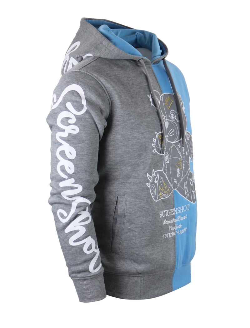 SCREENSHOT-H1113 Mens Urban Hip Hop Premium Fleece Hoodie - Shiny Black Bear Animation Cartoon Half Color Block Hooded Sweatshirt-Grey/S.Blue-Large - Image 4