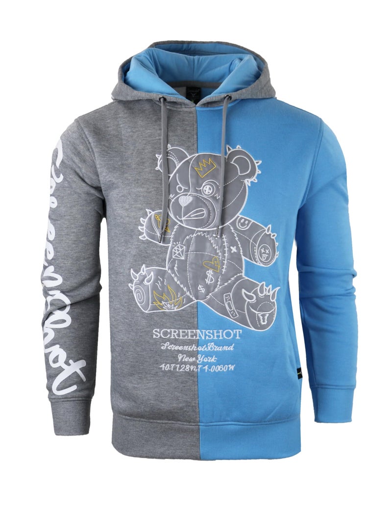 SCREENSHOT-H1113 Mens Urban Hip Hop Premium Fleece Hoodie - Shiny Black Bear Animation Cartoon Half Color Block Hooded Sweatshirt-Grey/S.Blue-Large - Image 1