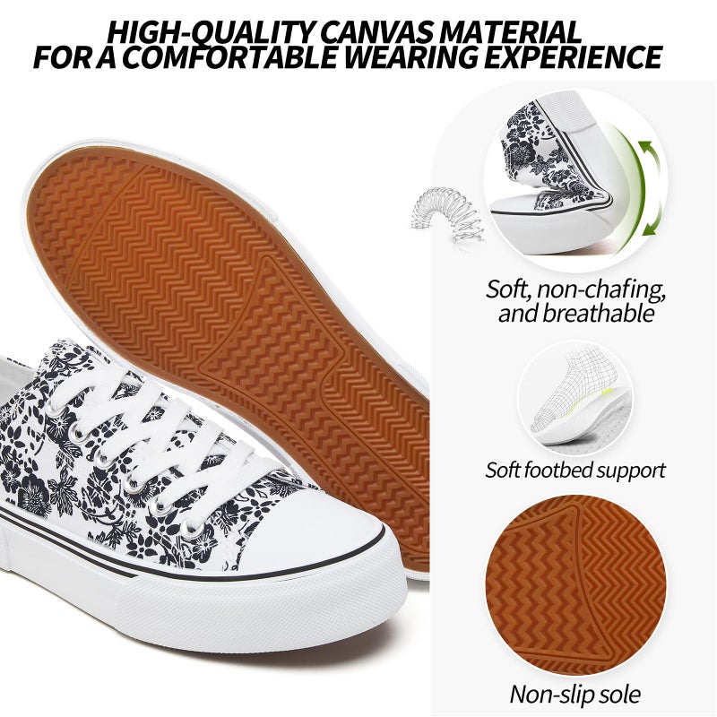 Adokoo Canvas Tennis Shoes for Women Low Top Casual White Beige Flower Sneakers for Women Lace Up Fashion Comfortable Walking Shoes (Beige Flower,8.5) - Image 2