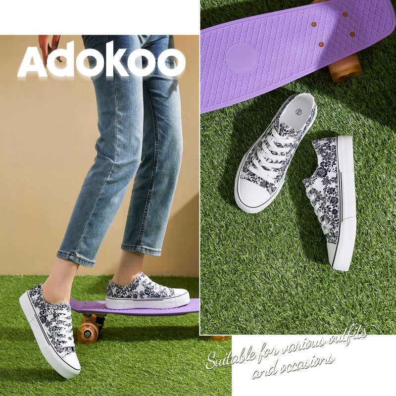 Adokoo Canvas Tennis Shoes for Women Low Top Casual White Beige Flower Sneakers for Women Lace Up Fashion Comfortable Walking Shoes (Beige Flower,8.5) - Image 4