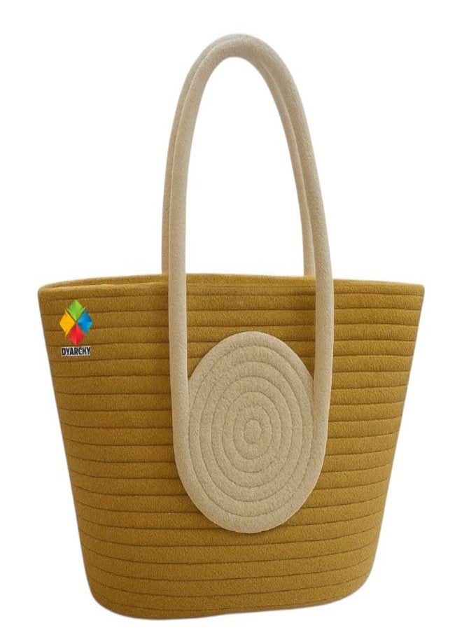 DYARCHY Cute Design Cotton Rope Storage Basket with Handles, (BEIGE IVORY) - Image 1