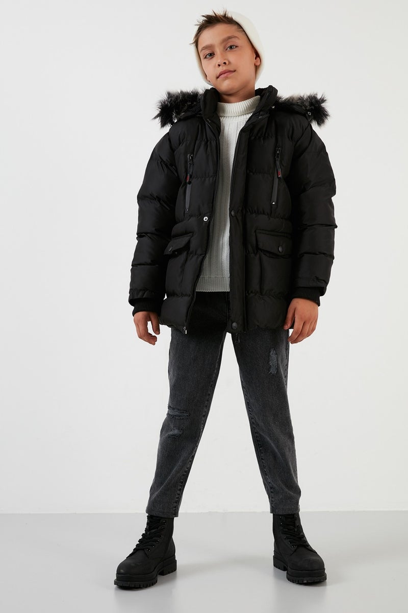 Lela Plush Lined Removable Hooded Winter Coat with Pockets Boys' Coat 5760022  - Image 2