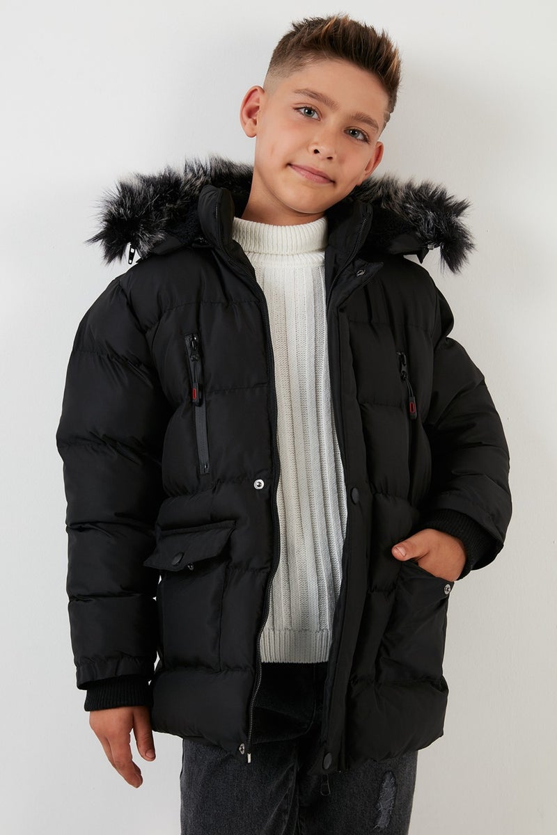 Lela Plush Lined Removable Hooded Winter Coat with Pockets Boys' Coat 5760022  - Image 3