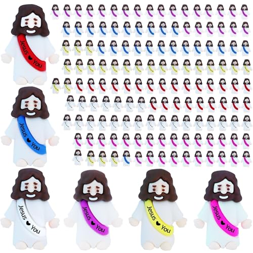 ILHSTY 150 Pcs Little Jesus Figures Mini Rubber Jesus Toys Jesus Love You for Easter Egg Fillers Egg Hunts Religious Party Favors Gifts Hide and Seek Baptism Gifts Sunday School 6 Color - Image 1