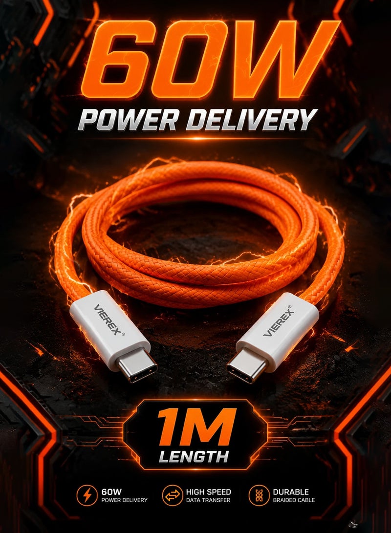 Vierex VC-20 Super Fast Charging 60W USB-C Cable – Type-C to Type-C Data Sync & Power Delivery, 1m - Image 1