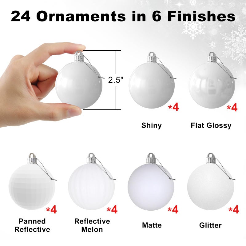 GameXcel White 2.5"" Christmas Balls Christmas Tree Decoration Ornaments Shatterproof Hanging Balls for Birthday Valentines Day Easter Holiday Wedding Decorations Set of 24pcs - Image 2