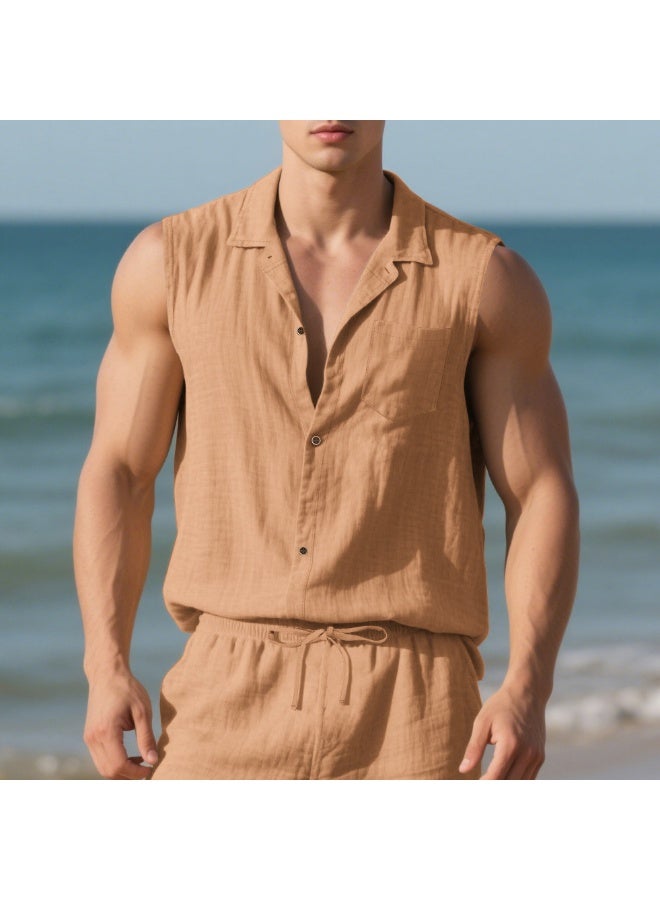 Loose Linen Sleeveless Collared Beach Shirt Casual Summer Fashion for Men  Open Cardigan Style Clothing  - Image 1