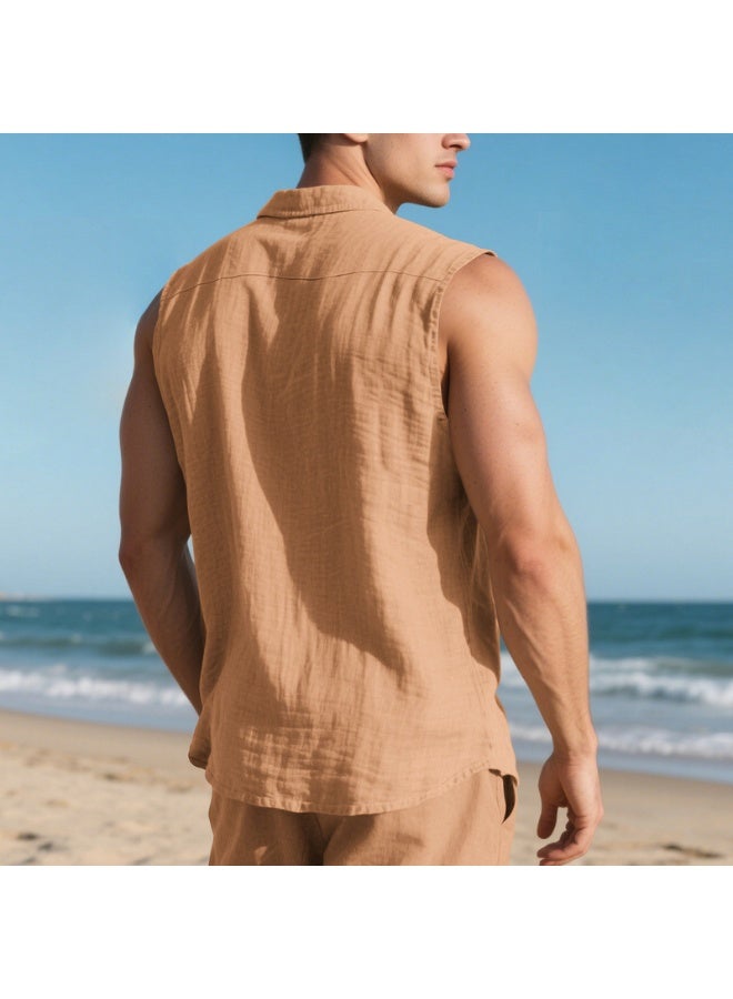 Loose Linen Sleeveless Collared Beach Shirt Casual Summer Fashion for Men  Open Cardigan Style Clothing  - Image 3
