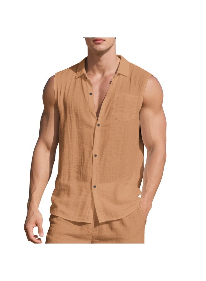 Loose Linen Sleeveless Collared Beach Shirt Casual Summer Fashion for Men  Open Cardigan Style Clothing  - Image 2