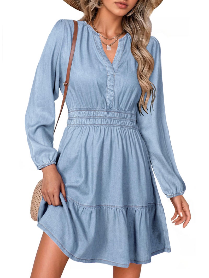 Simplee Womens Fall Denim Dress - Casual Long Sleeve V Neck Empire Waist Ruffle A Line Flowy Short Jean Dresses with Pockets,Denim Light Blue,M - Image 1