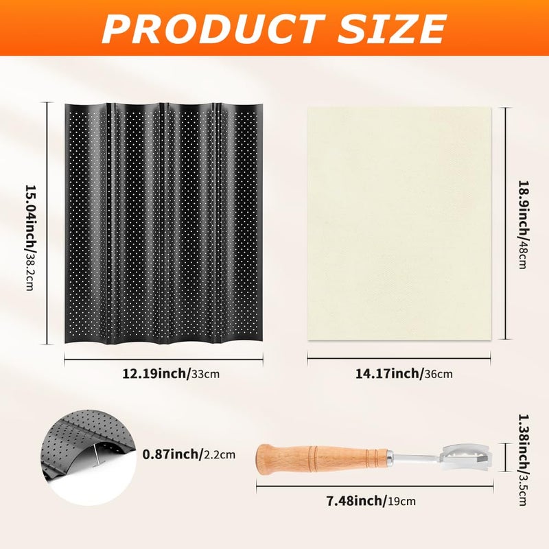 QWLWBU 5 Pcs Baguett-e Bread Pan Set,Nonstick 4-Slot Perforated French Breads Baking Pans with Proofing Cloth,Dough Cutter Kit for Home Baker,Baguett-e Tray,15x12 Inch Black Bread Pan - Image 2