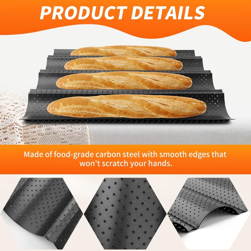 QWLWBU 5 Pcs Baguett-e Bread Pan Set,Nonstick 4-Slot Perforated French Breads Baking Pans with Proofing Cloth,Dough Cutter Kit for Home Baker,Baguett-e Tray,15x12 Inch Black Bread Pan - Image 3