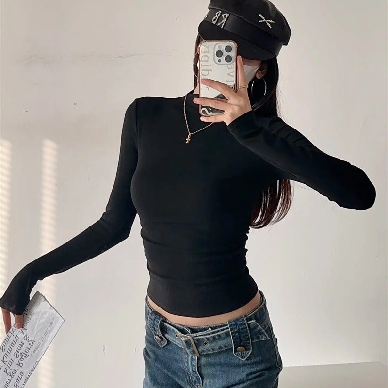 Ins Girl Turtleneck Fleece-Lined Brushed Long Sleeve Bottoming Shirt Niche Pleated Waist-Tight T-Shirt For Women - Image 2