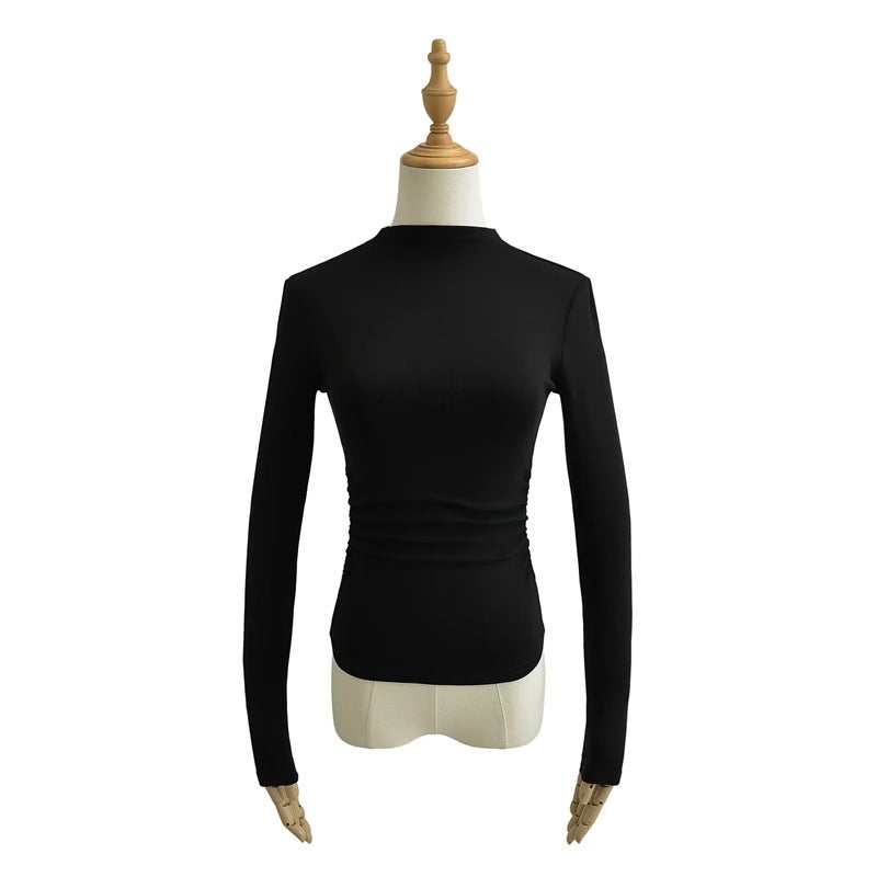 Ins Girl Turtleneck Fleece-Lined Brushed Long Sleeve Bottoming Shirt Niche Pleated Waist-Tight T-Shirt For Women - Image 1
