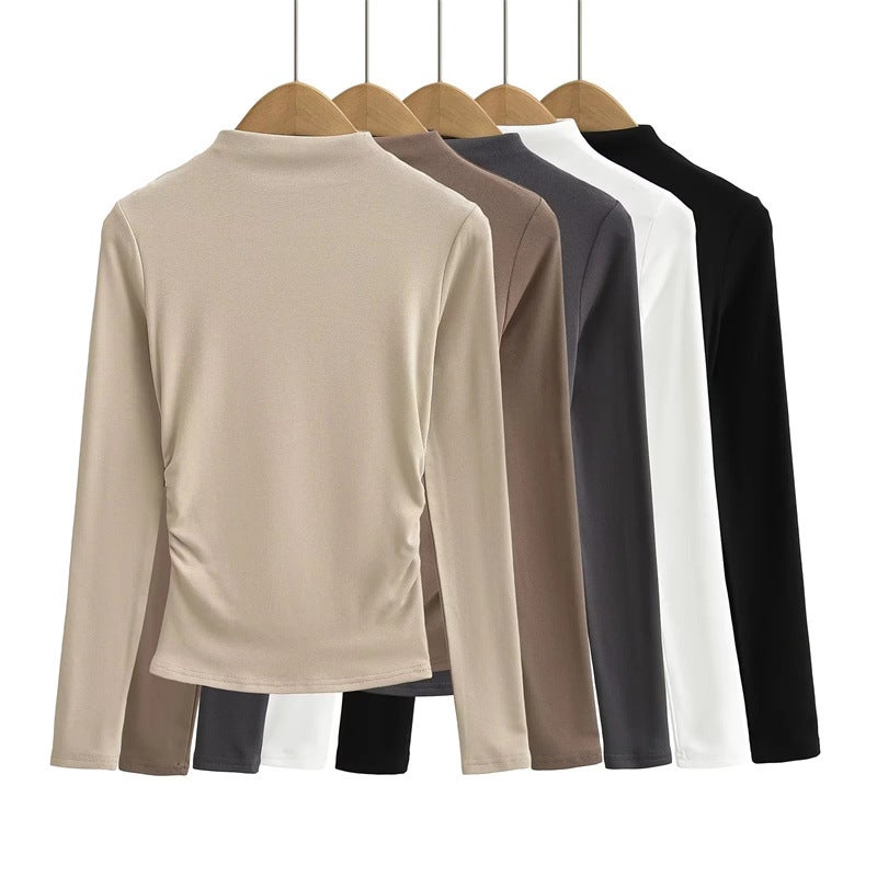 Ins Girl Turtleneck Fleece-Lined Brushed Long Sleeve Bottoming Shirt Niche Pleated Waist-Tight T-Shirt For Women - Image 5