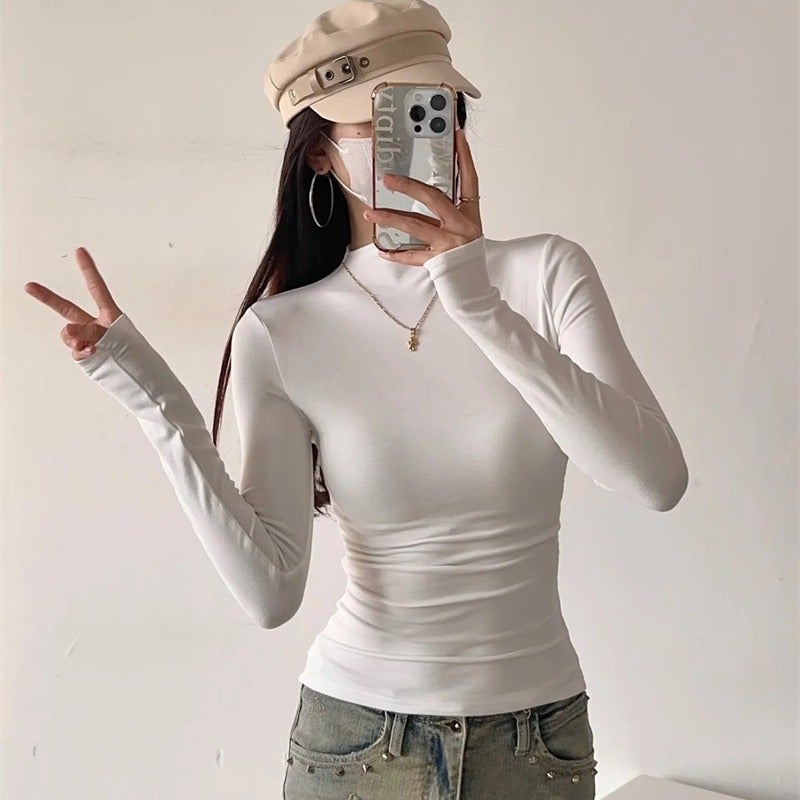 Ins Girl Turtleneck Fleece-Lined Brushed Long Sleeve Bottoming Shirt Niche Pleated Waist-Tight T-Shirt For Women - Image 4