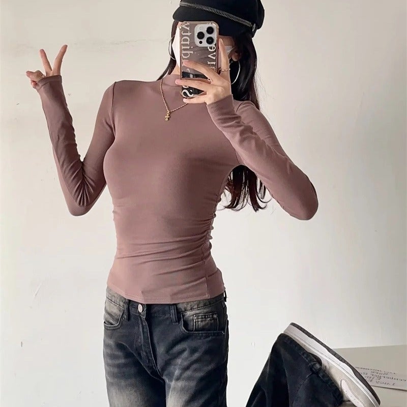 Ins Girl Turtleneck Fleece-Lined Brushed Long Sleeve Bottoming Shirt Niche Pleated Waist-Tight T-Shirt For Women - Image 3