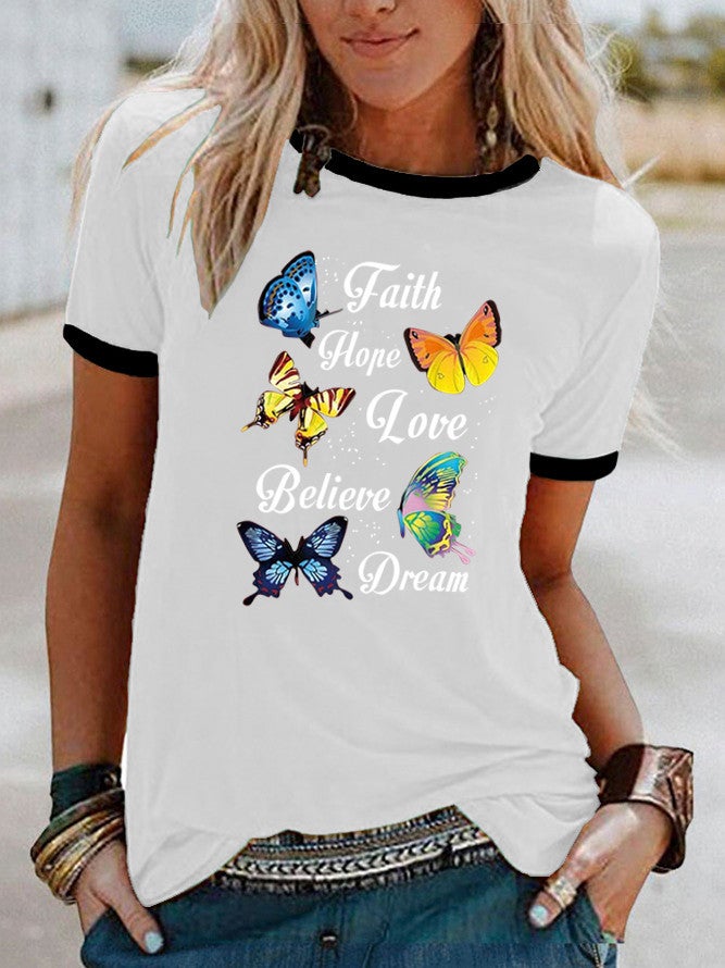 Wish Fun Butterfly Pattern Printing Contrast Color Short Sleeve T-Shirt - Image 1
