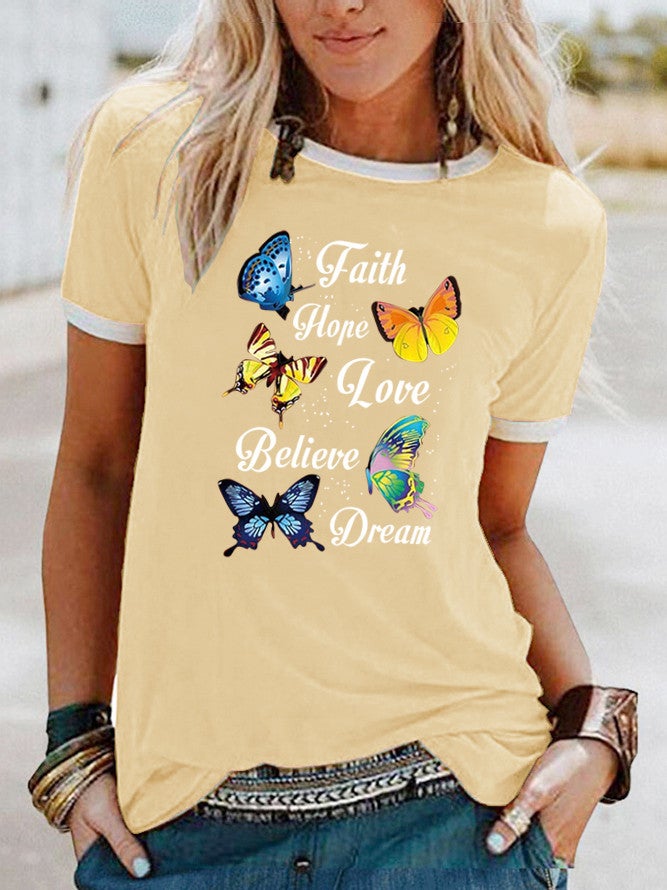 Wish Fun Butterfly Pattern Printing Contrast Color Short Sleeve T-Shirt - Image 4