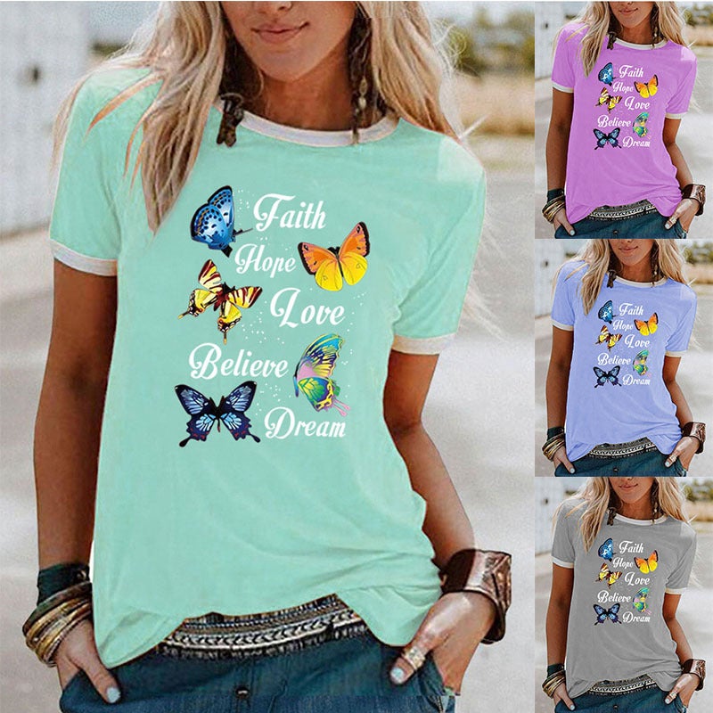 Wish Fun Butterfly Pattern Printing Contrast Color Short Sleeve T-Shirt - Image 2