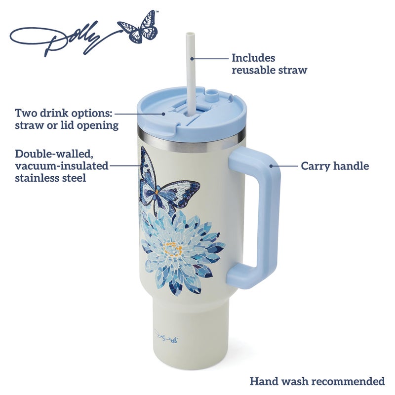 Dolly Parton Tumbler With Handle, Double Wall Vacuum Insulated Stainless Steel With Straw Lid, Cold For Up To 24 Hours Or Hot For Up To 8 Hours, 40 Ounce, Blue Jewel - Image 3