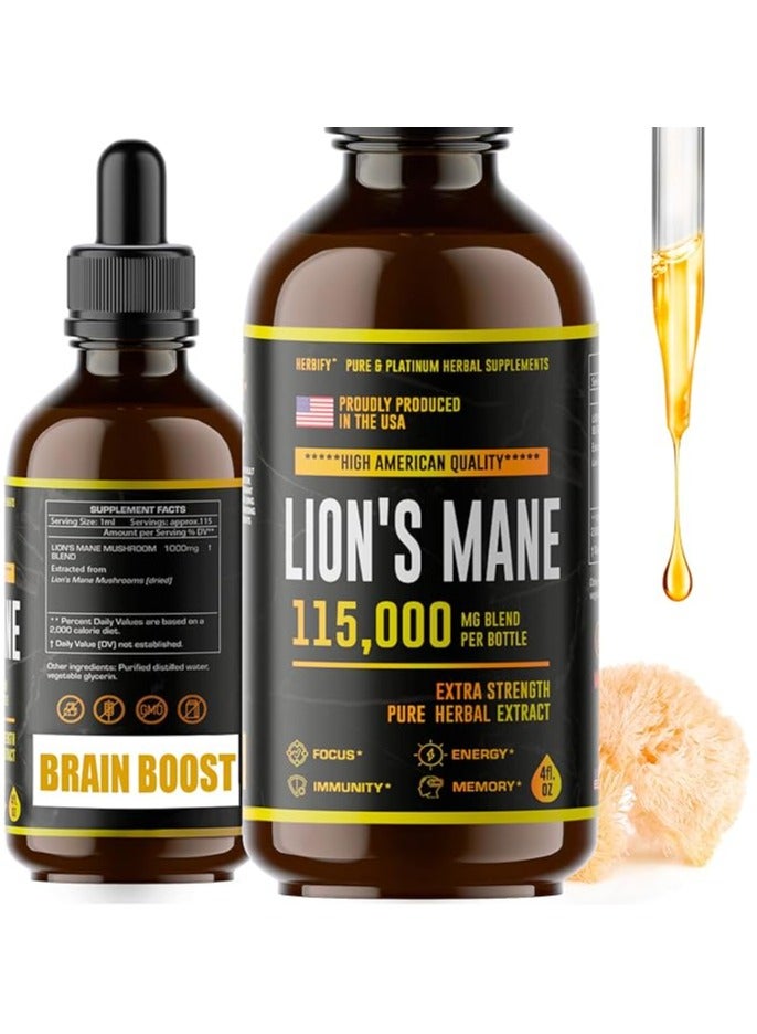 HERBIFY مكمل Lions Mane، صبغة Lions Mane للذاكرة والتركيز والوضوح - نباتي، عضوي - 4 أونصة سائلة - Image 1