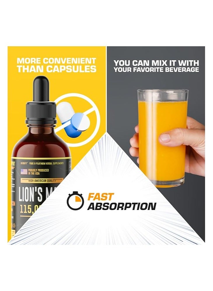 HERBIFY مكمل Lions Mane، صبغة Lions Mane للذاكرة والتركيز والوضوح - نباتي، عضوي - 4 أونصة سائلة - Image 2