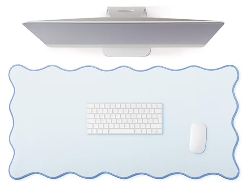 Hahafelt Scalloped Desk Mat Large Desk Pad Cute Coquette Table Mat Back to School Preppy Table Make up Pad Nonslip Graduation Gift with Stitching Waterproof GamingBlue315 x 158 Inches - Image 1