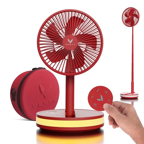 VENTY Portable Fan Wireless Battery Operated Fan 4 Speeds LED Lighting Carry Case Remote Control Cruise Travel Outdoor Travel RV Power Bank With USBC Port Red with Case