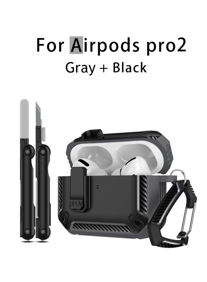 Airpods Pro 2 Case 2022, Airpods Pro 2 Locking Case with 3-in-1 Cleaning Tool, Drop-Proof Hard Case Rugged Shock Sleeve with Key Fob, Compatible with Apple Airpods Pro 2 2022 (Black/Gray) - Image 1