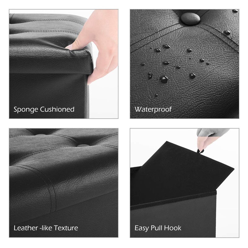 Youdesure Folding Storage Ottoman Bench, Faux Leather Footrest Couch for Living Room, 30 inch Storage Bench with Padded Seat for Bedroom Hallway, Holds up to 350lbs, Black - Image 3