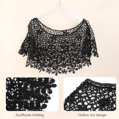 PALAY® Knitted Shawl Capes for Women Crochet Floral Pattern Poncho Cover Up Shawl Beach Wear Knitted Loose Shrugs Top for Women for Off-shoulder, Beachwear, Gown, Strapless, Black - Image 3
