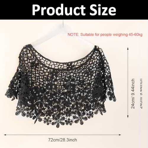 PALAY® Knitted Shawl Capes for Women Crochet Floral Pattern Poncho Cover Up Shawl Beach Wear Knitted Loose Shrugs Top for Women for Off-shoulder, Beachwear, Gown, Strapless, Black - Image 2