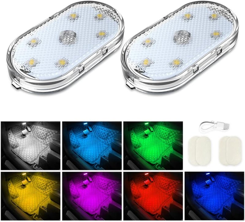 neotimely Wireless LED Lights for Car Interior - 7 Colors, 6 Bright LED Lamp Beads, Portable USB Rechargeable Night Light for Car Decor (2 Pcs) - Image 1