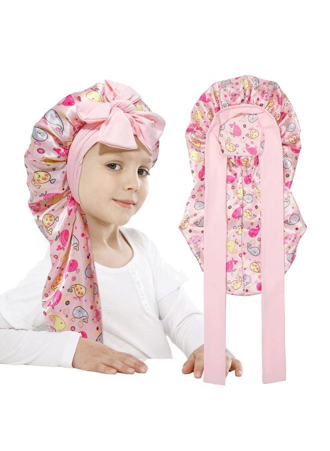 AWAYTR Long Toddler Silk Bonnet for Sleeping Elastic Satin Bonnets for Curly Hair Braid Night Cap for Aged 3-12 Kids (Whale+Pink) - Image 1